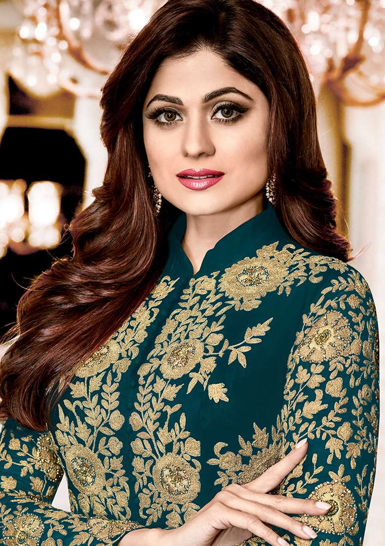 Teal Blue Embroidered Georgette Anarkali Set - Indya