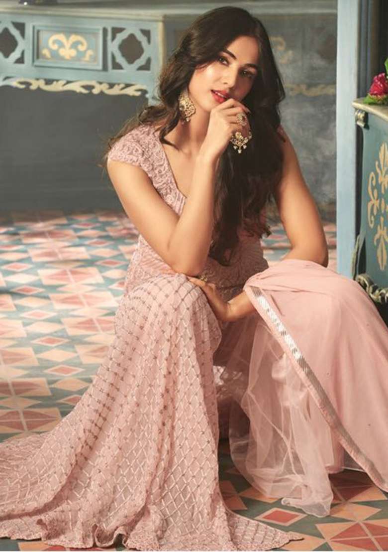 Pink Embroidery Net Salwar Kameez - Indya