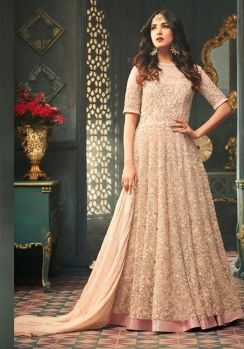 Peach Embroidery Net Salwar Kameez