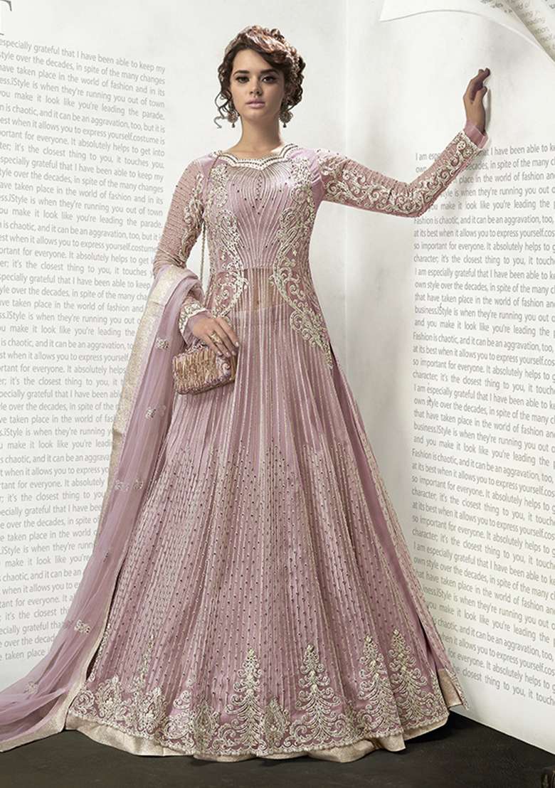 Pink Embroidery Net Salwar Kameez - Indya