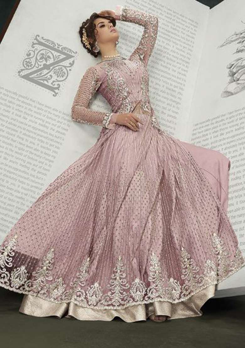 Pink Embroidery Net Salwar Kameez - Indya