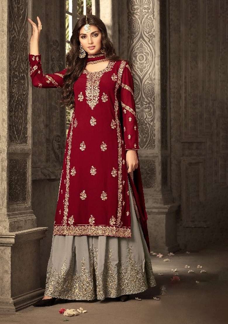 Maroon Embroidery Georgette Salwar Kameez - Indya