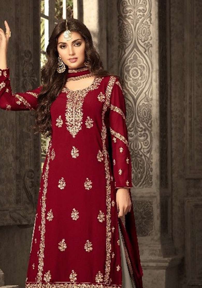 Maroon Embroidery Georgette Salwar Kameez - Indya