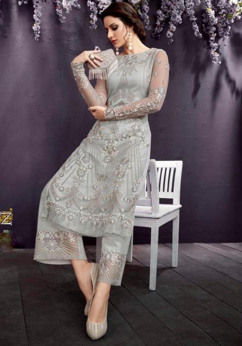 Grey Embroidery Net Salwar Kameez