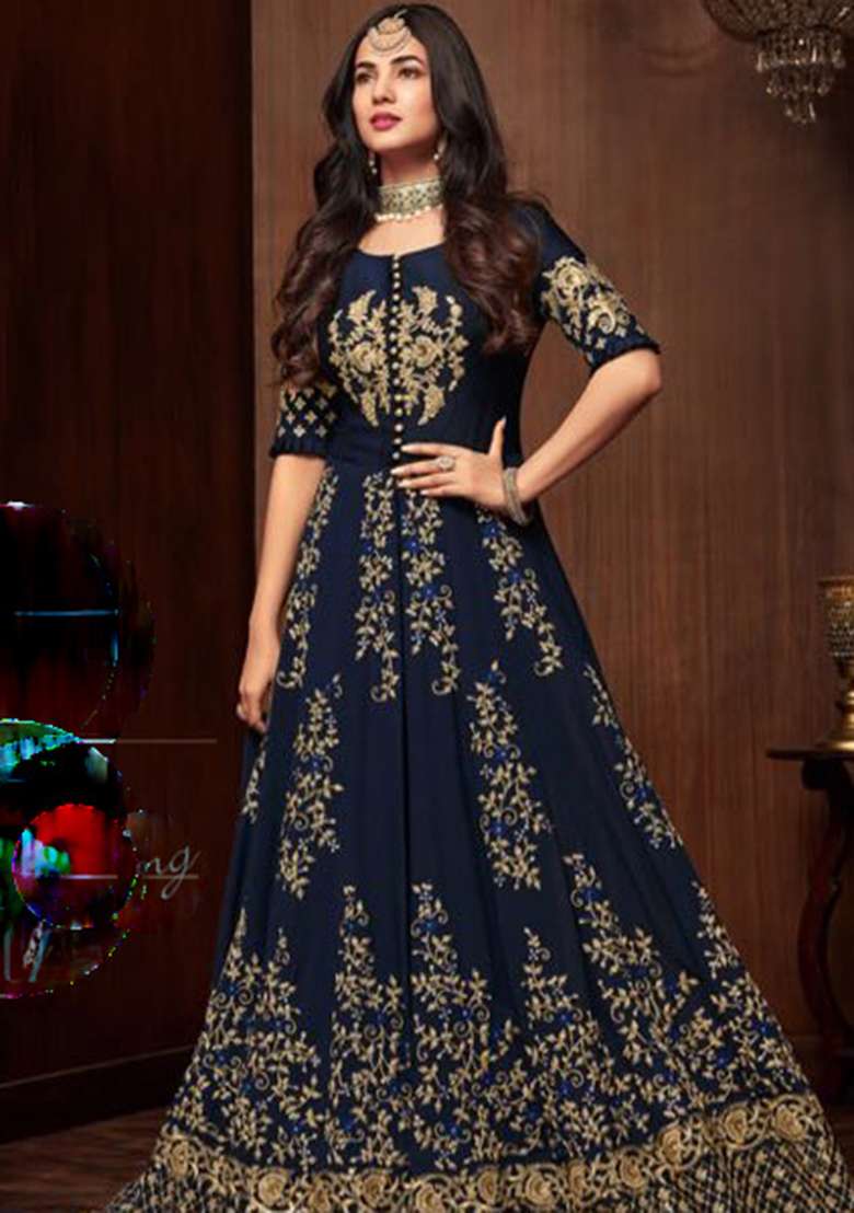 Navy Blue Embroidery Georgette Salwar Kameez - Indya