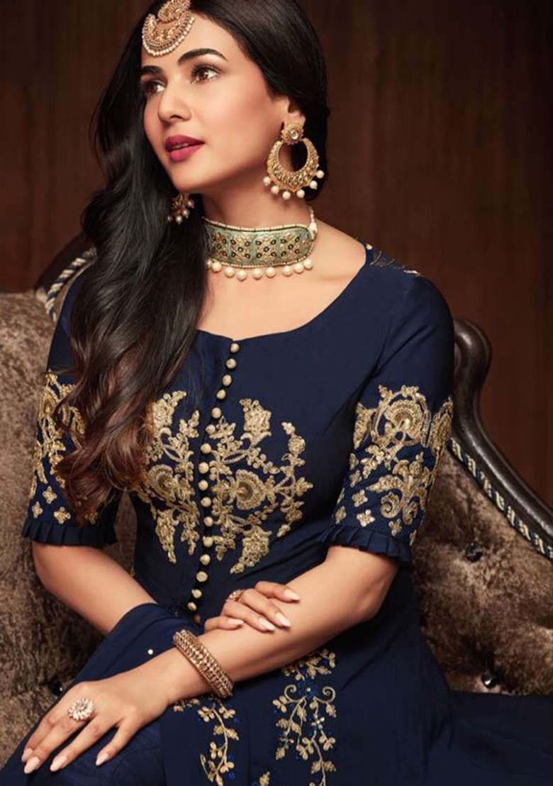 Navy Blue Embroidery Georgette Salwar Kameez - Indya