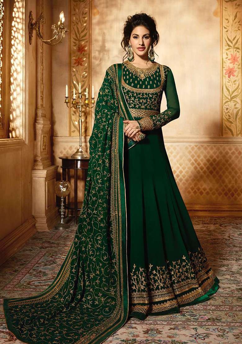Green Embroidered Georgette Anarkali Set - Indya