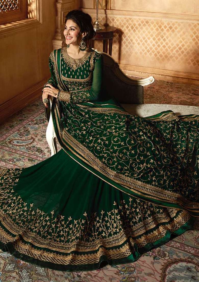 Green Embroidered Georgette Anarkali Set - Indya