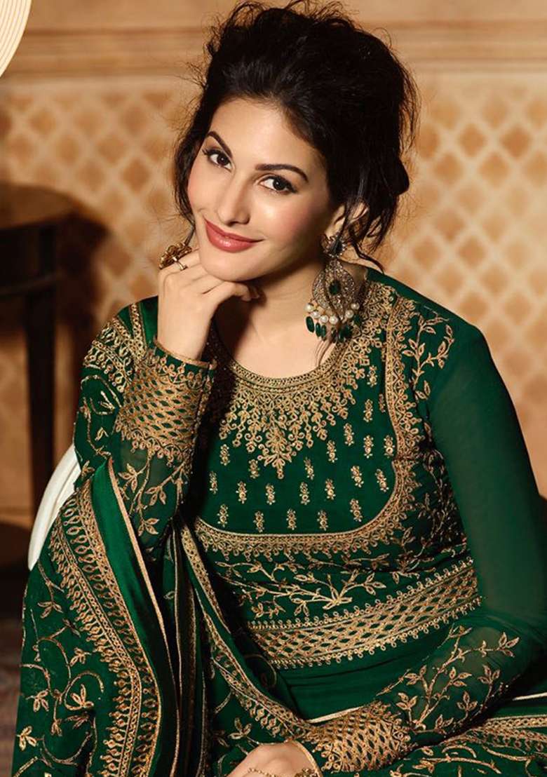 Green Embroidered Georgette Anarkali Set - Indya
