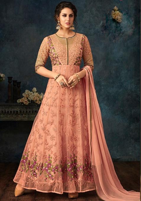 Beige Embroidery Net Salwar Kameez