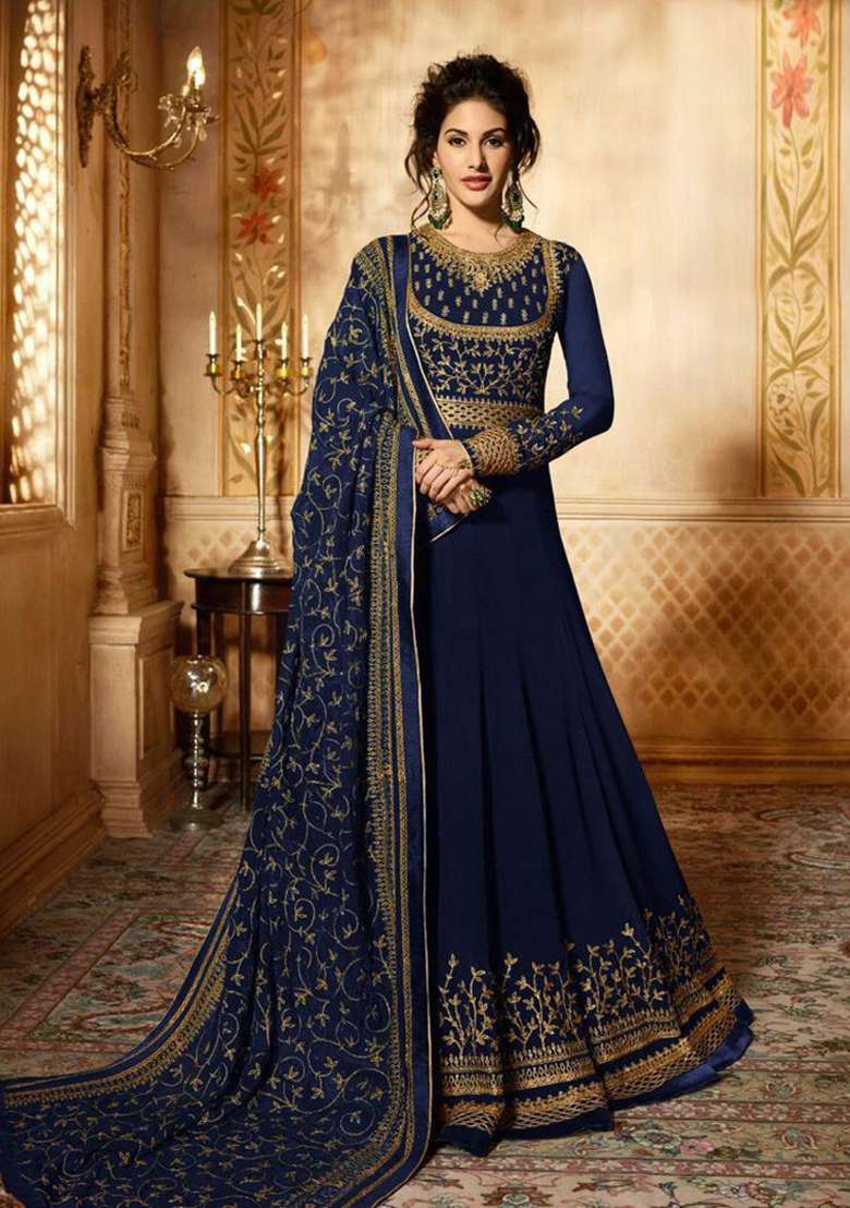 Blue Embroidery Georgette Salwar Kameez - Indya