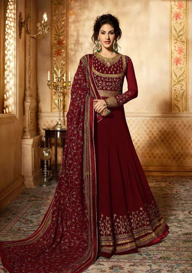 Maroon Embroidery Georgette Salwar Kameez - Indya