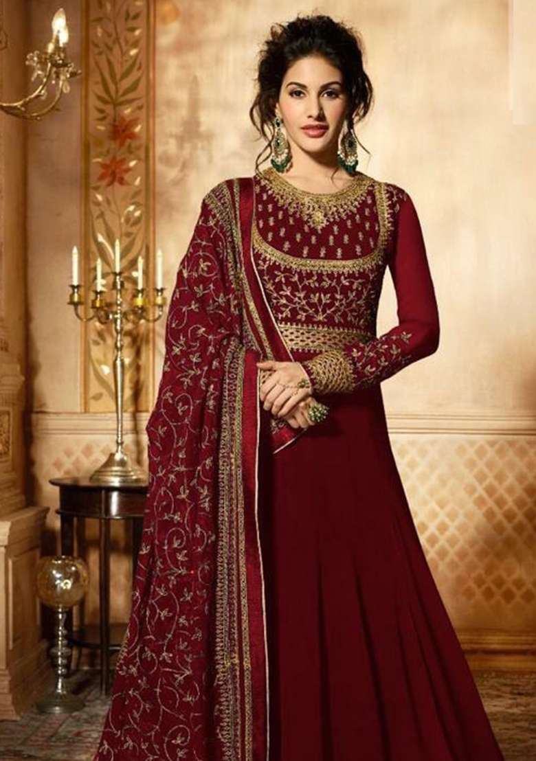 Maroon Embroidery Georgette Salwar Kameez - Indya