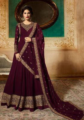 Wine Embroidery Silk Blend Salwar Kameez