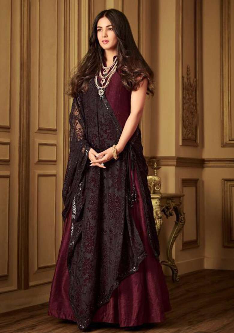Peach Embroidered Georgette Anarkali Set - Indya