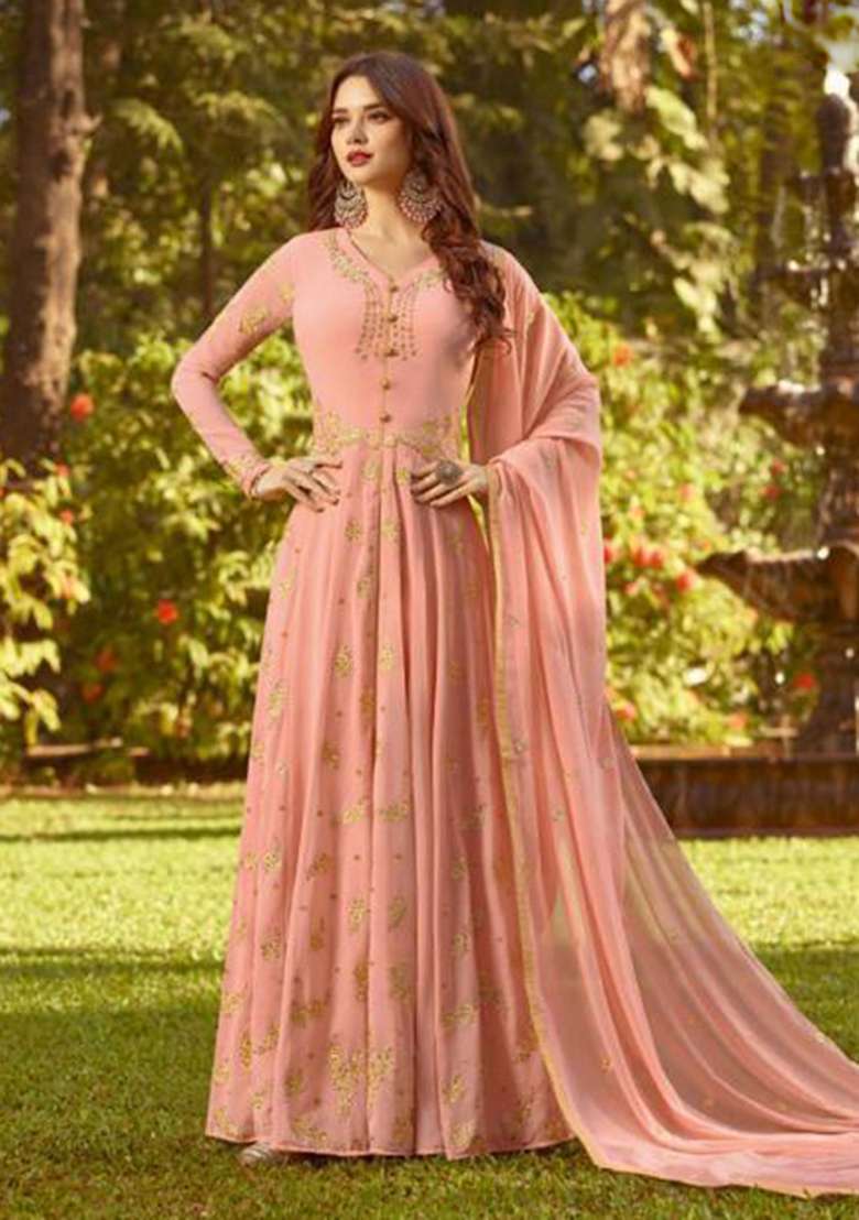 Wine Embroidered Georgette Anarkali Set - Indya