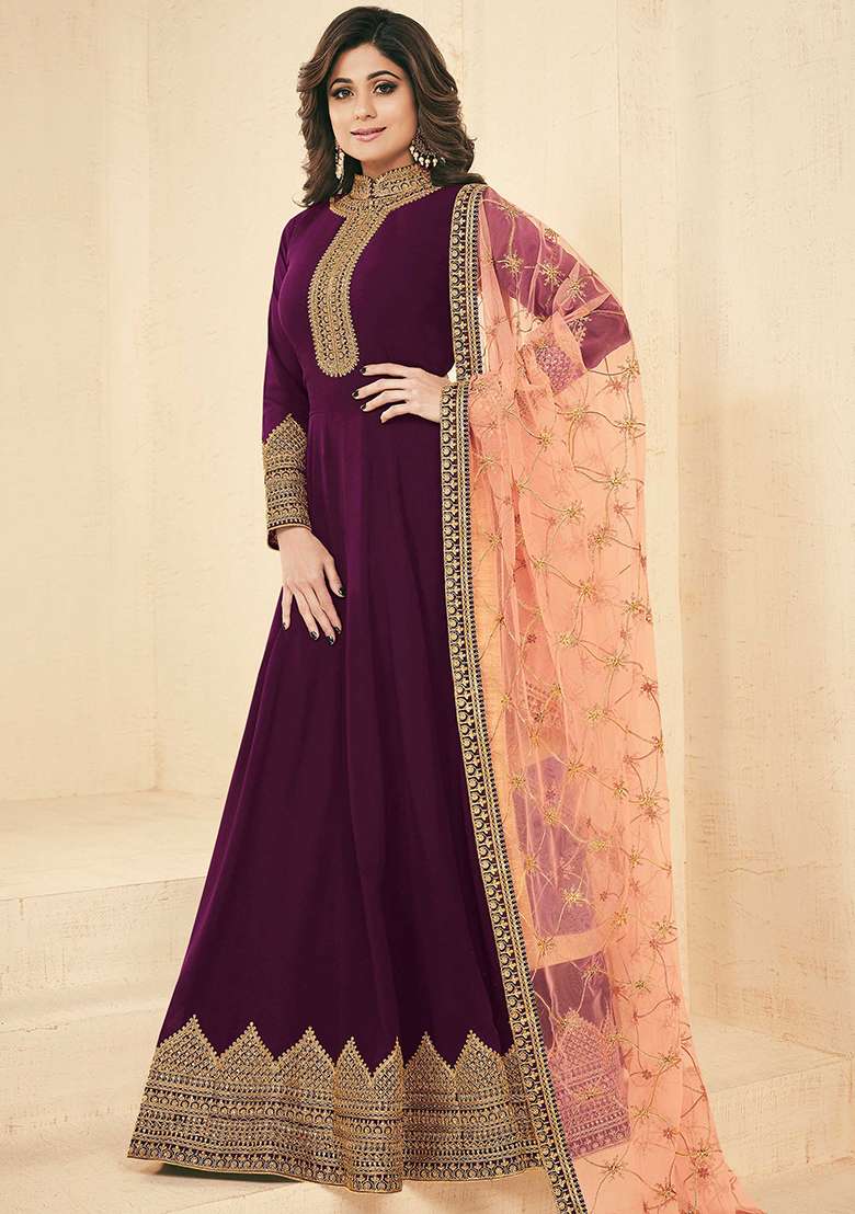 Wine Embroidered Georgette Anarkali Set - Indya