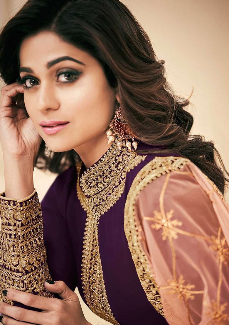Wine Embroidered Georgette Anarkali Set - Indya