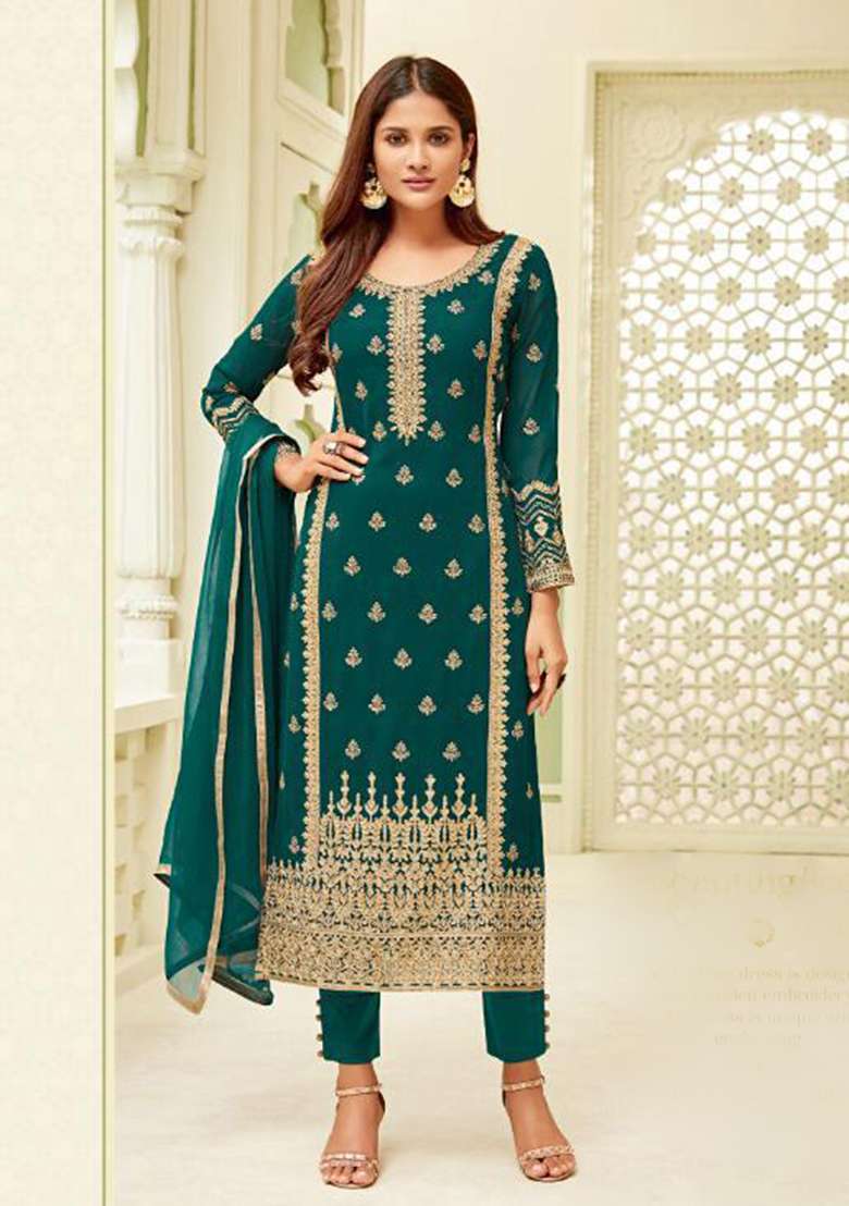 Blue Embroidered Georgette Straight Kurta Set - Indya