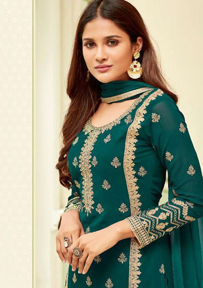 Blue Embroidered Georgette Straight Kurta Set - Indya