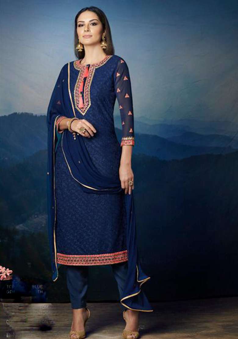 Blue Printed Georgette Straight Kurta Set - Indya