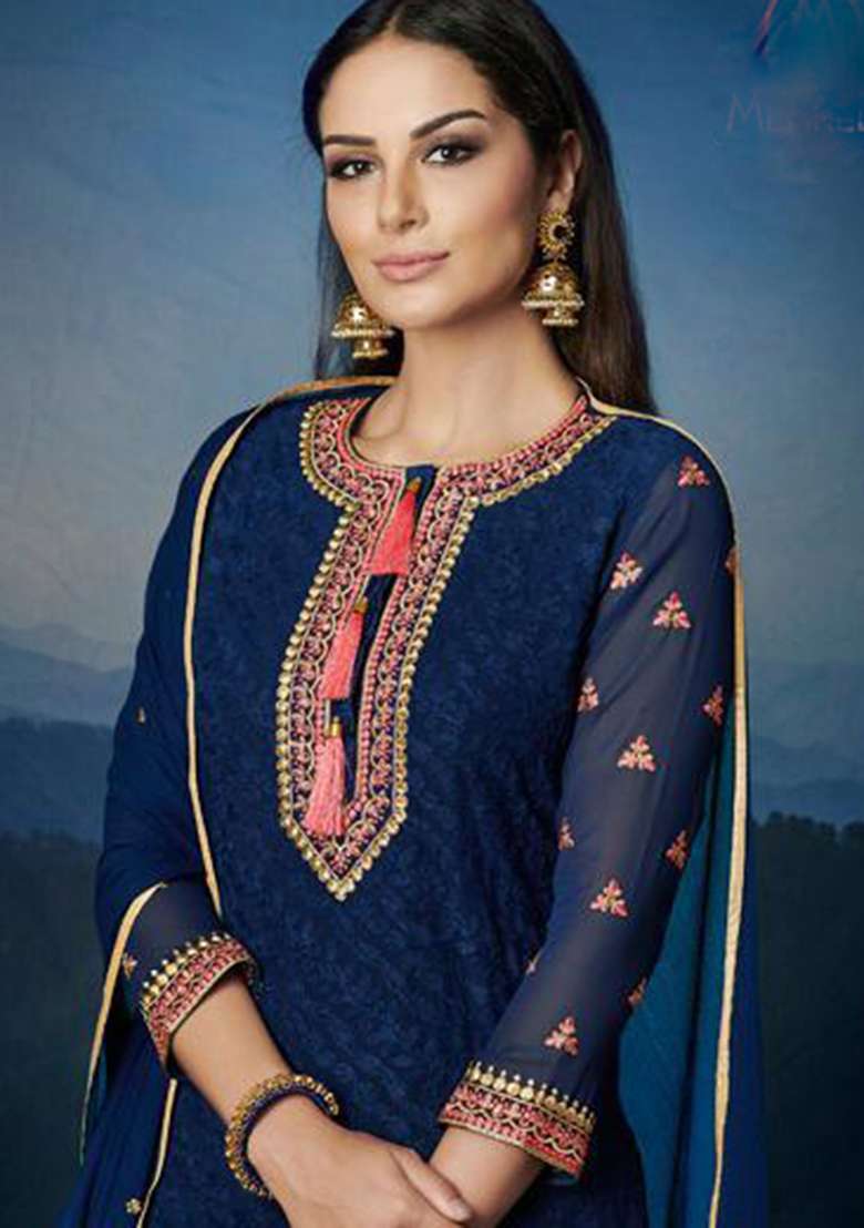 Blue Printed Georgette Straight Kurta Set - Indya