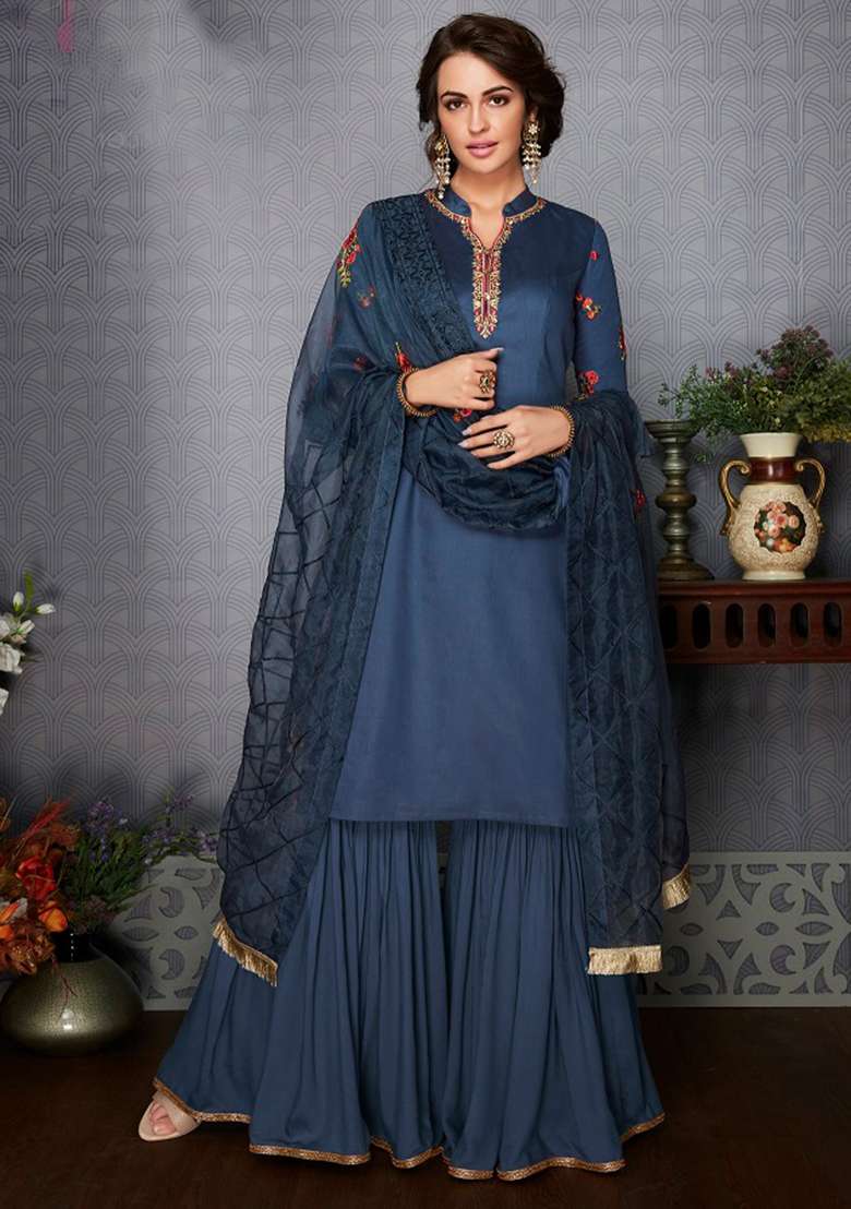 Green Embroidered Georgette Sharara Set - Indya