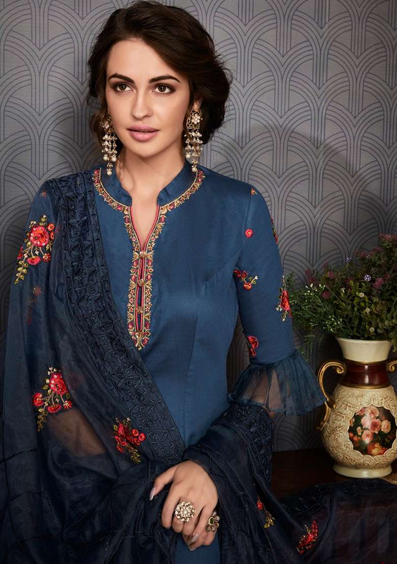 Green Embroidered Georgette Sharara Set - Indya