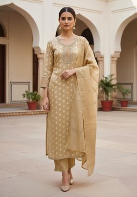 Beige Embroidery Jacquard Salwar Kameez