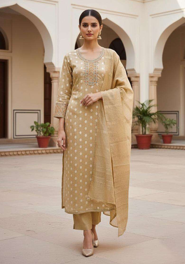 Beige Embroidery Jacquard Salwar Kameez - Indya