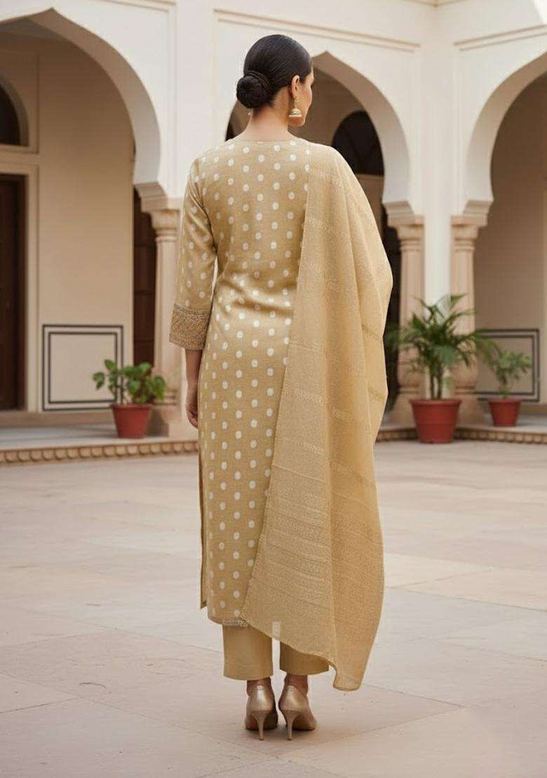Beige Embroidery Jacquard Salwar Kameez - Indya