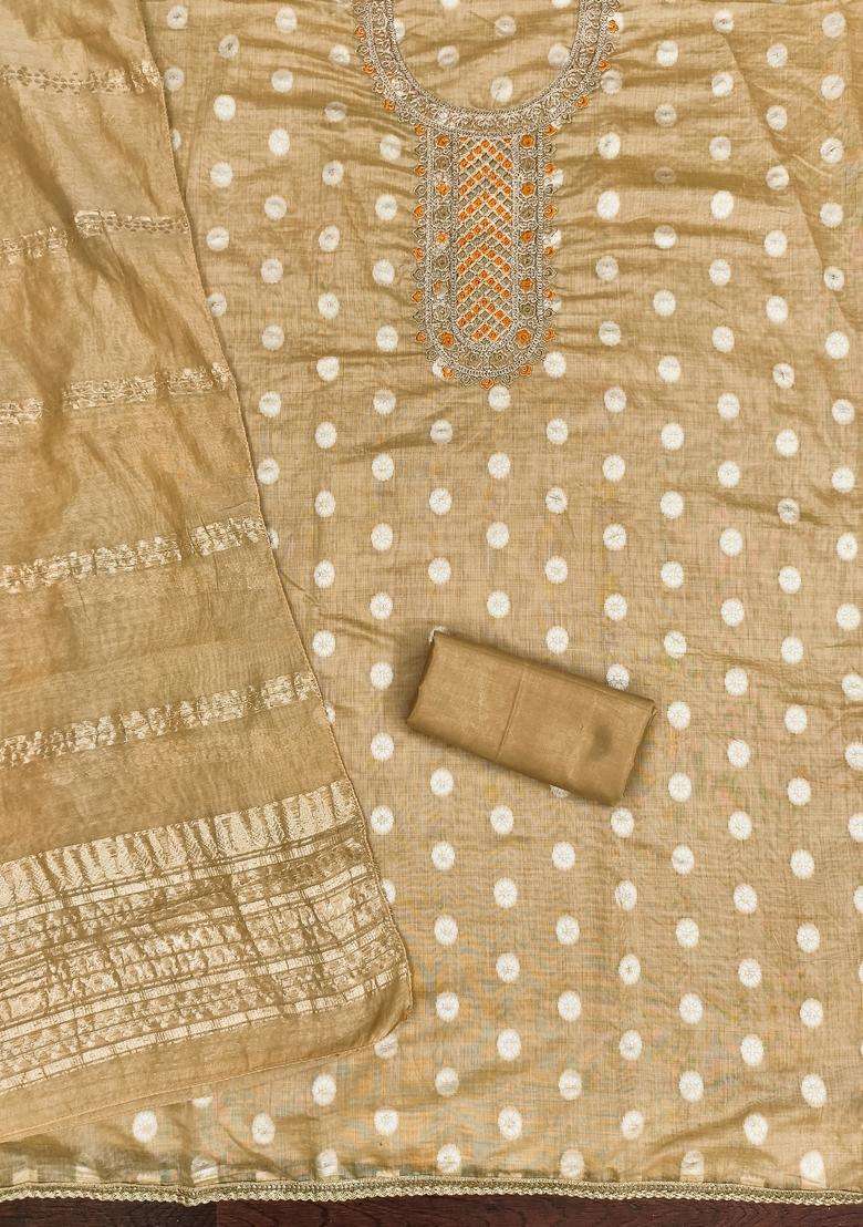 Beige Embroidery Jacquard Salwar Kameez - Indya
