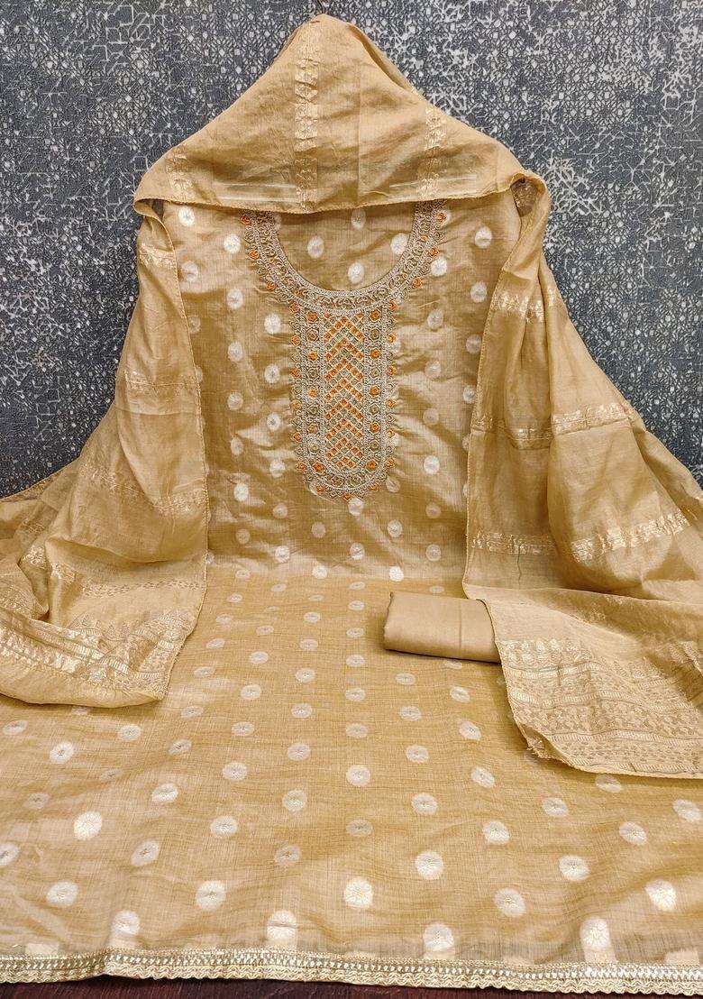 Beige Embroidery Jacquard Salwar Kameez - Indya