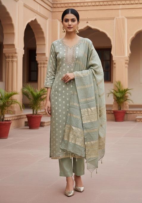 Grey Embroidery Jacquard Salwar Kameez
