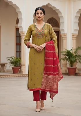 Mustard Embroidery Cotton Salwar Kameez