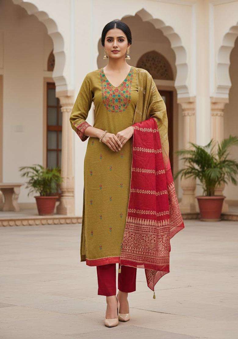 Mustard Embroidery Cotton Salwar Kameez - Indya