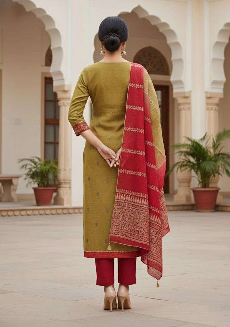 Mustard Embroidery Cotton Salwar Kameez - Indya