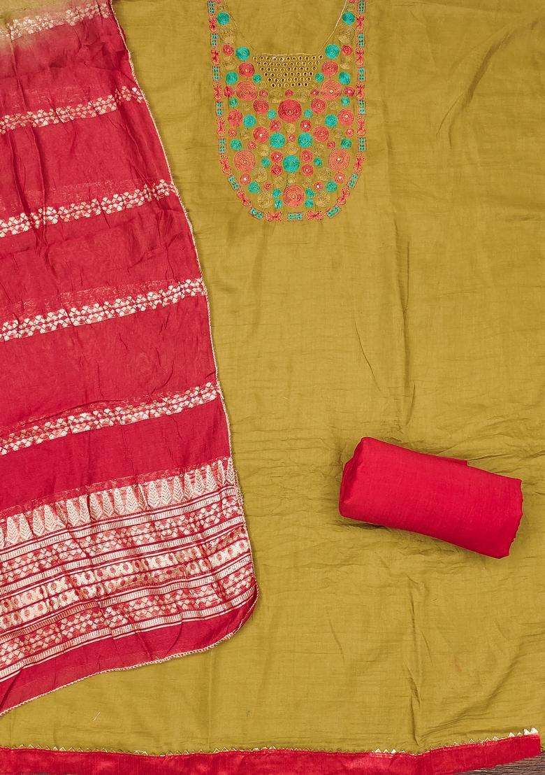 Mustard Embroidery Cotton Salwar Kameez - Indya