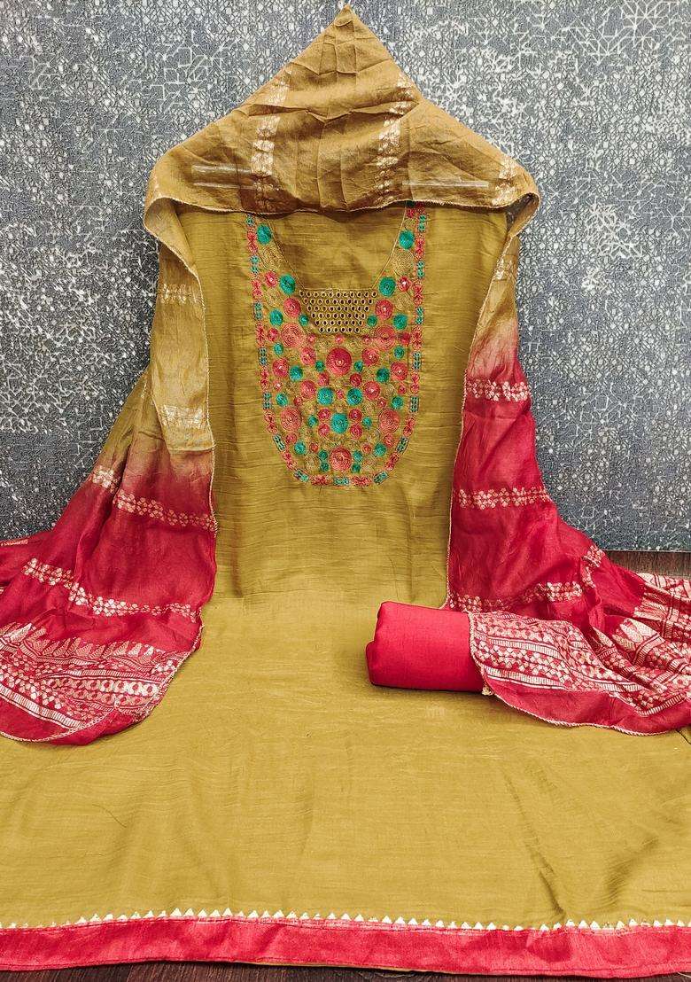 Mustard Embroidery Cotton Salwar Kameez - Indya