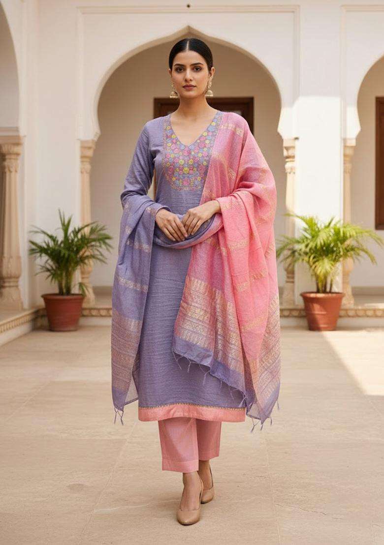 Purple Embroidery Cotton Salwar Kameez - Indya