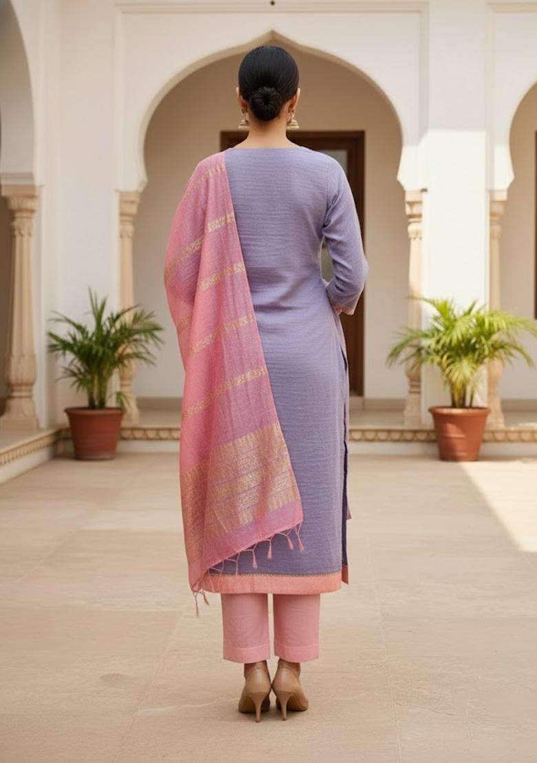 Purple Embroidery Cotton Salwar Kameez - Indya