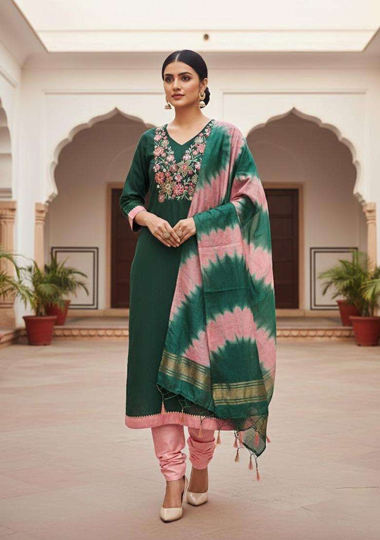 Green Embroidery Cotton Salwar Kameez - Indya