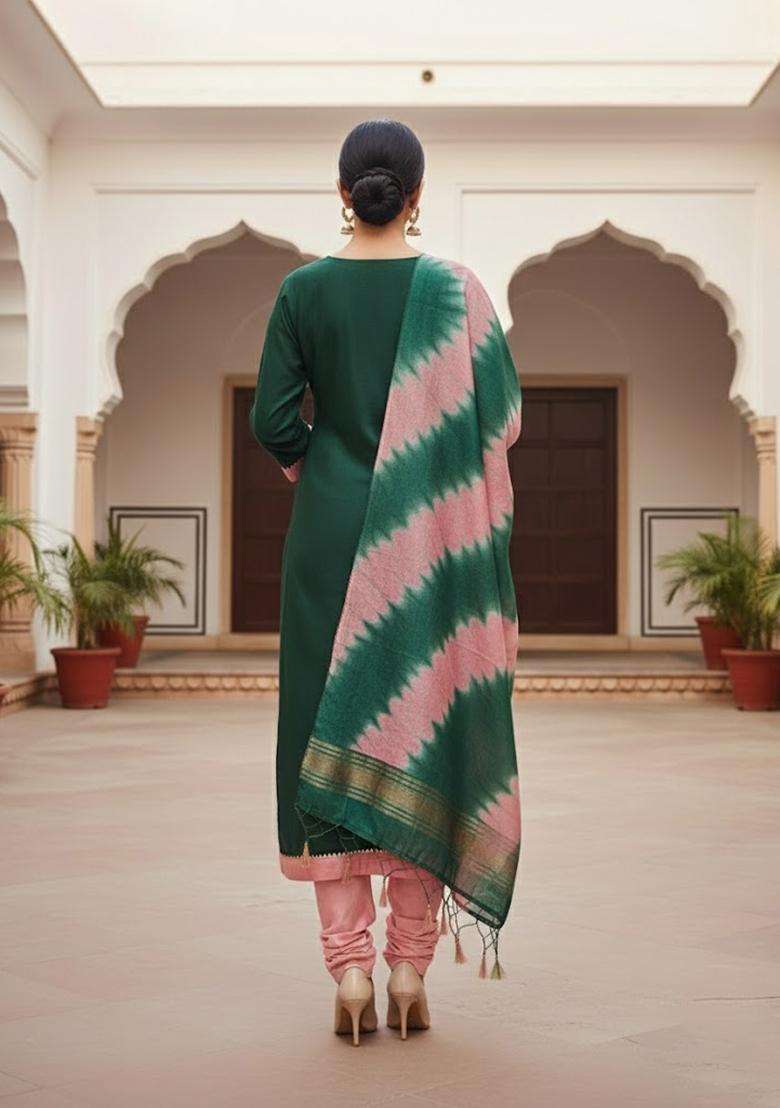 Green Embroidery Cotton Salwar Kameez - Indya