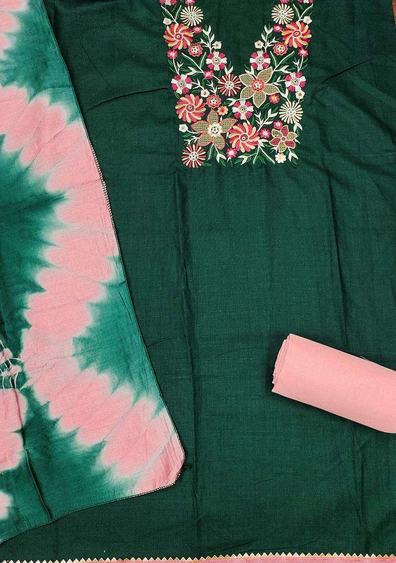 Green Embroidery Cotton Salwar Kameez - Indya