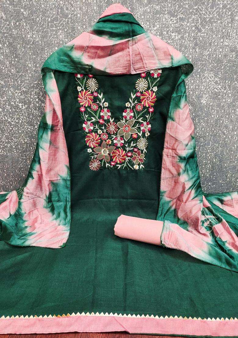 Green Embroidery Cotton Salwar Kameez - Indya