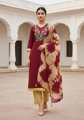 maroon Embroidery Cotton Salwar Kameez