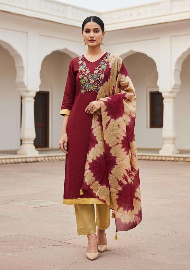 maroon Embroidery Cotton Salwar Kameez - Indya