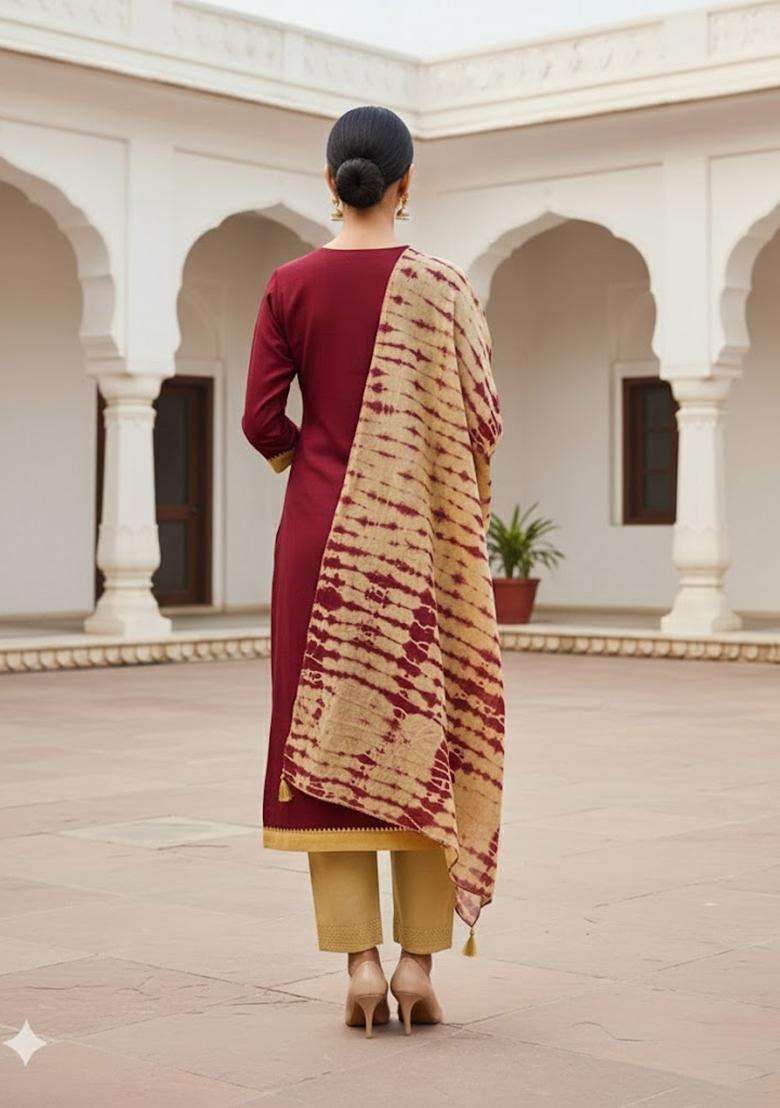 maroon Embroidery Cotton Salwar Kameez - Indya