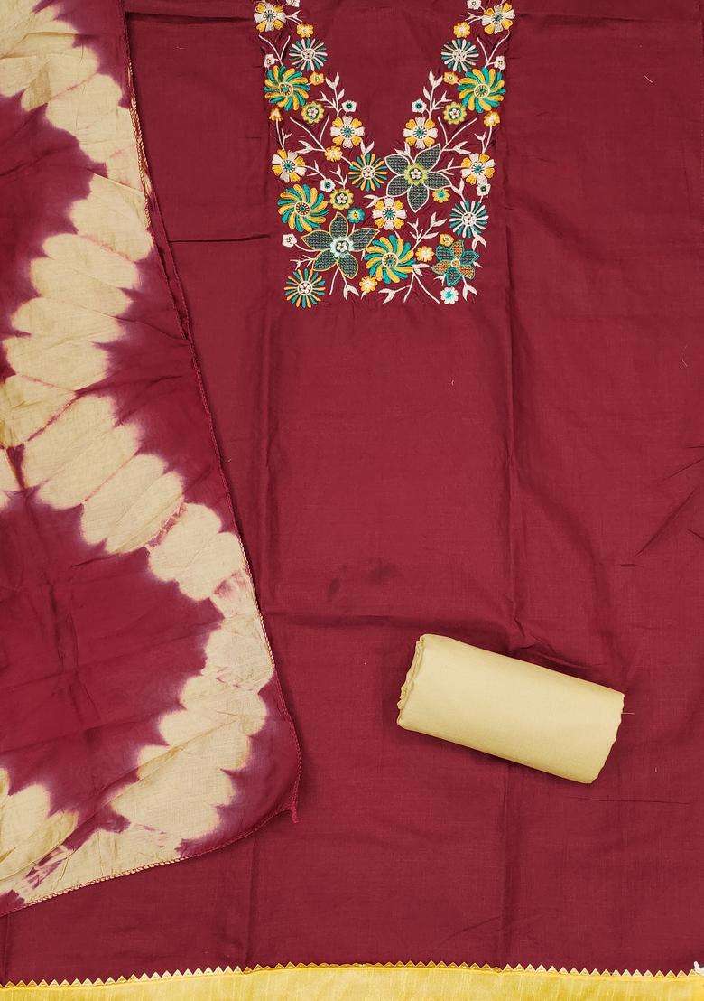 maroon Embroidery Cotton Salwar Kameez - Indya