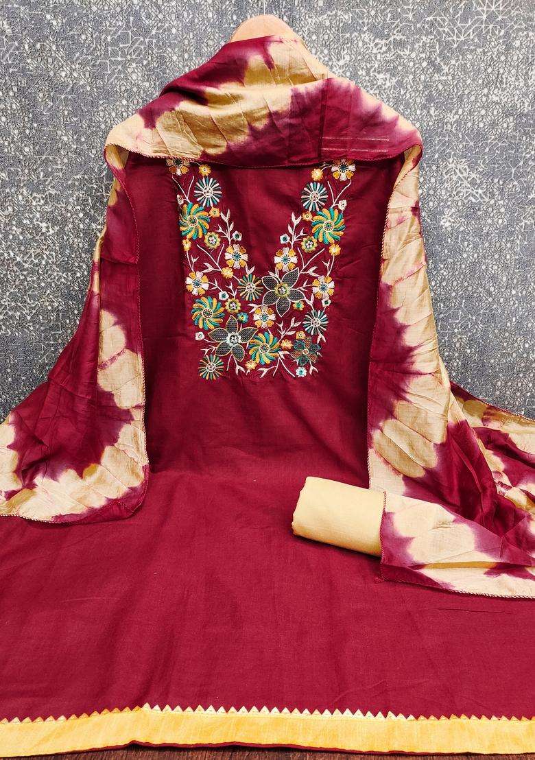 maroon Embroidery Cotton Salwar Kameez - Indya